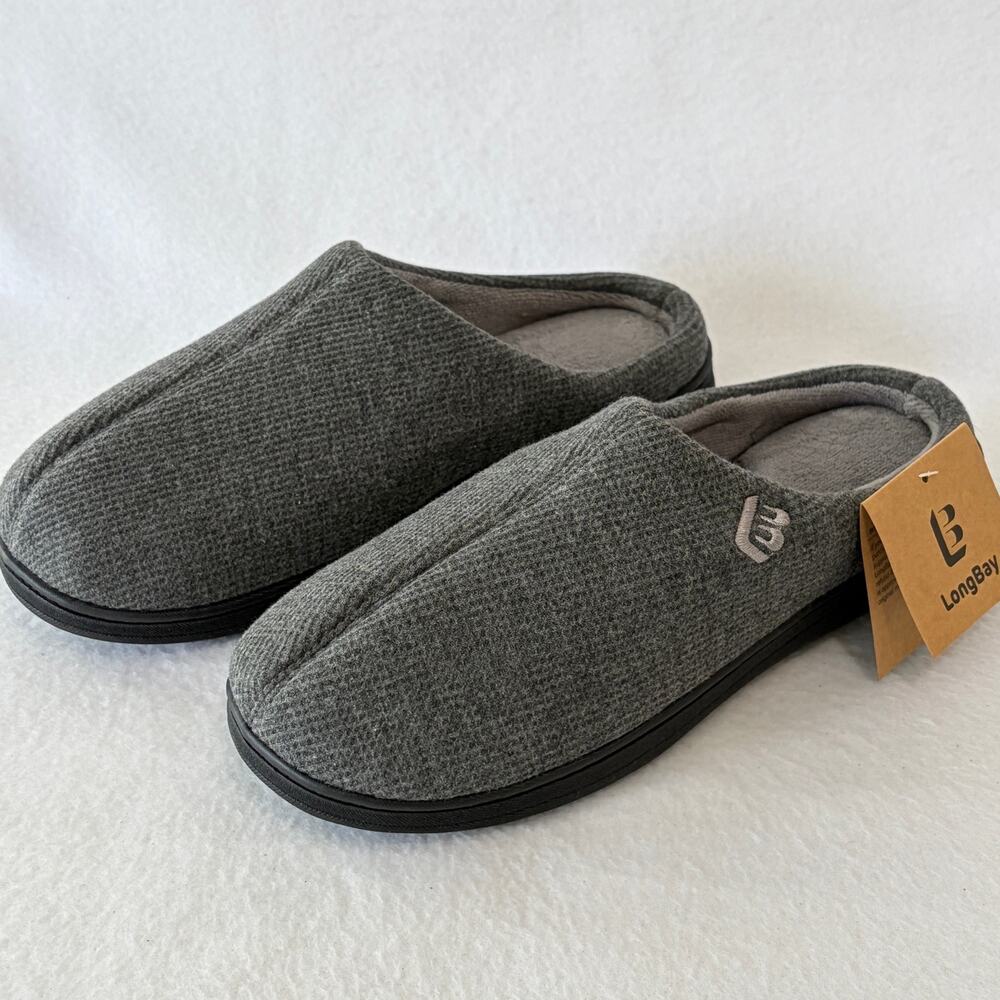 LongBay Men's 9.5 - 10.5 House Slippers Grey Memory Foam Comfy Knit Lightweight